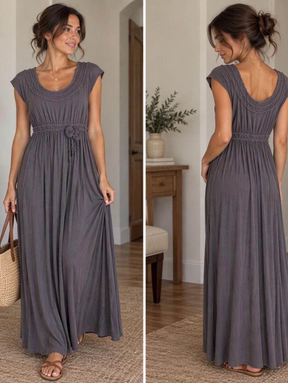 Max Studio Grey Cap-Sleeve Maxi Dress with Rosette Waist